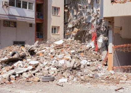 Pile of debris and rubble after demolition in an urban area in İzmir, Türkiye.